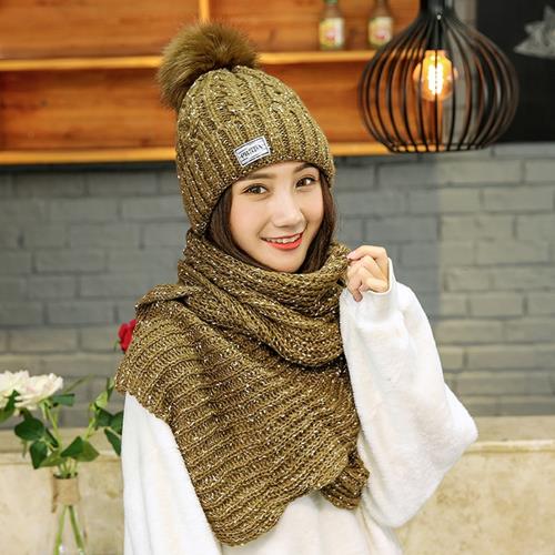 Acorn*橡果-韓系甜美針織加絨毛帽耳罩+圍巾披肩圍脖兩件套1825(兩件式-咖啡)