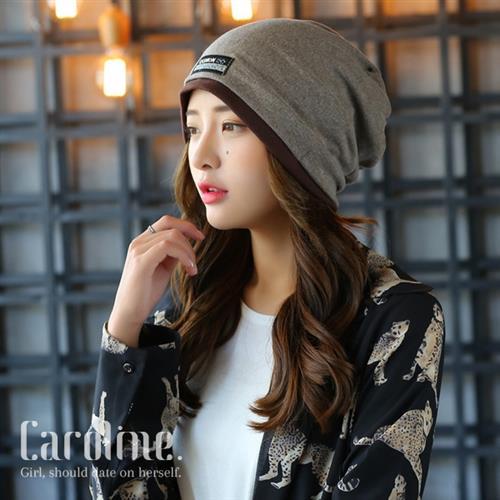 《Caroline》韓版加邊貼布款帽子秋冬套頭帽雙層纯色布標包頭毛線帽69694