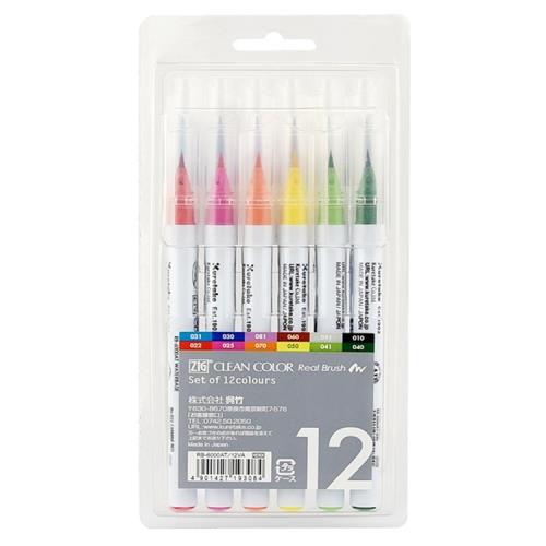 日本吳竹KuretakeあかしやZIG CLEAN COLOR毛筆畫筆RB-6000AT/12VA彩繪筆(12色水性;彈性刷毛)色紙筆簽名板筆簽名筆
