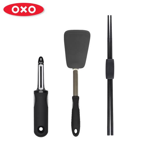 【OXO】矽膠拌炒工具三件組(直式蔬果削皮器+料理長筷+矽膠鍋鏟)