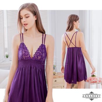 大尺碼Annabery 迷情深紫交叉美背緞面刺繡蕾絲性感睡裙
