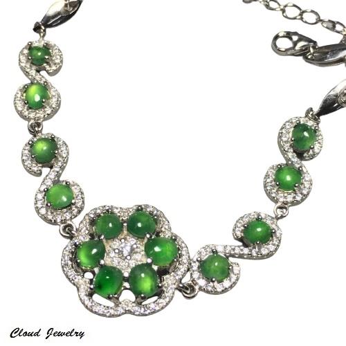 品澐珠寶-天然  滿綠蛋面 華麗花朵翡翠蛋面S925銀鑲嵌款手鍊 