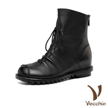 【Vecchio】全真皮頭層牛皮抽繩綁帶造型軟底舒適內增高低跟短靴 黑