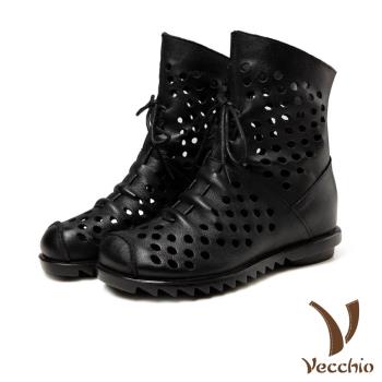 【Vecchio】真皮頭層牛皮縷空洞洞抽繩綁帶造型舒適內增高低跟短靴 黑