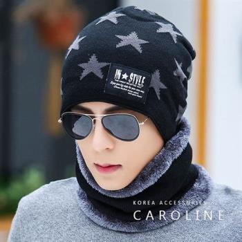 《Caroline》韓版秋冬套頭帽貼布加绒保暖針織毛線帽&圍脖2件套組71520