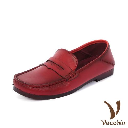 【Vecchio】全真皮頭層牛皮兩穿法復古一字帶舒適方頭便士樂福鞋 紅