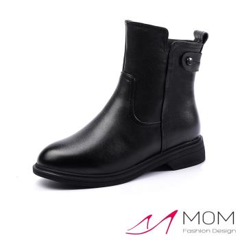 【MOM】真皮保暖機能簡約造型時尚低跟短靴 黑