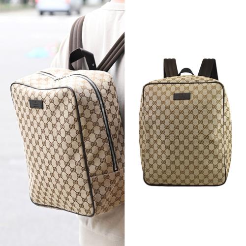 GUCCI 630914 品牌雙G緹花皮飾邊後背包.駝/咖邊