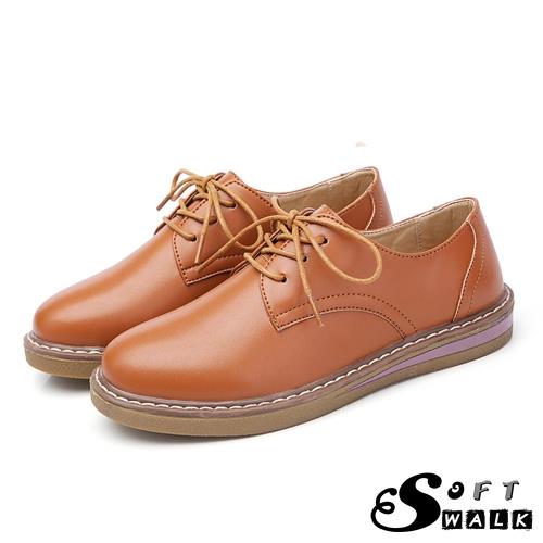 【SOFT WALK 舒步】英倫風經典綁帶舒適平底牛津鞋 棕