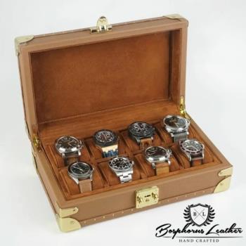 【伯倫】Saffiano-X8 焦糖棕 收藏型金釦八腕錶盒