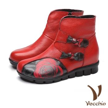 【Vecchio】真皮頭層牛皮手工玫瑰印花中國風蝴蝶結飾平底短靴 紅