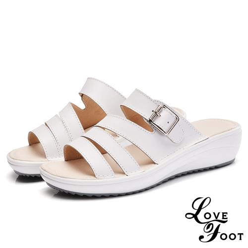 【LOVE FOOT 樂芙】真皮流線釦飾舒適平底拖鞋 白