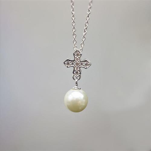 【米蘭精品】925純銀項鍊珍珠吊墜-鑲鑽十字架復古女飾品73ze18