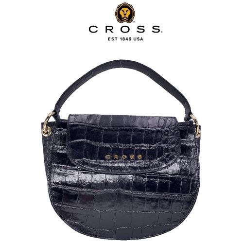 【CROSS】限量1折 頂級頭層牛皮鱷魚紋手提包側背包(黑色 全新專櫃展示品)