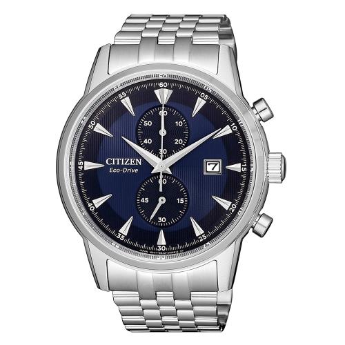 CITIZEN星辰 Chronograph 光動能礦石強化玻璃計時錶-藍43mm(CA7001-87L)