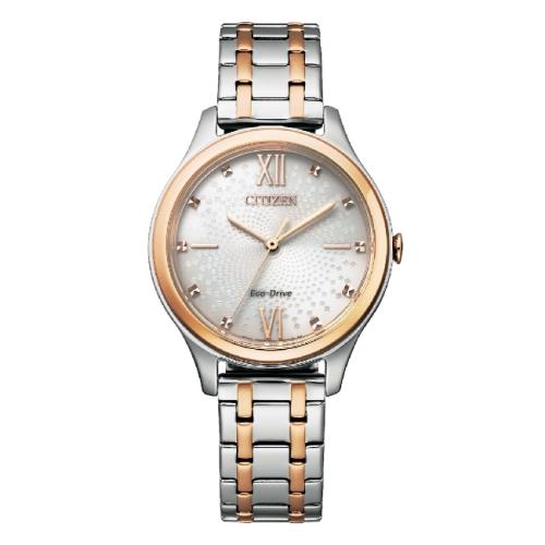 CITIZEN星辰 光動能 經典螺旋紋半玫瑰金時尚腕錶 EM0506-77A