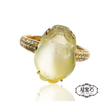 【A1寶石】天然緬甸A貨-收藏級玻璃種翡翠起螢光貔貅鑽石戒指(6-BR-45KT)