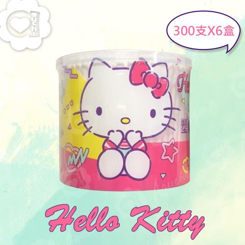 Hello Kitty 凱蒂貓塑軸棉花棒 300 支 X 6 盒 高韌性塑膠軸桿 亮彩昇華印刷 Kitty 瓶身可當收納盒