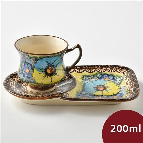 【波蘭陶】極光冰河系列 花茶杯+茶托點心盤組 200ml 波蘭手工製