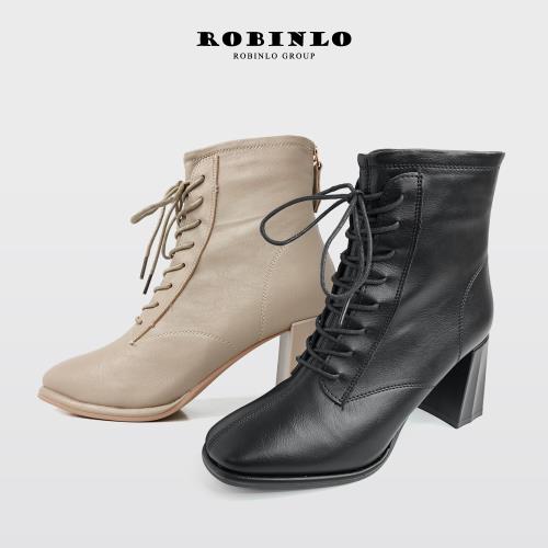 Robinlo年度必敗綁帶方頭中跟短靴襪靴ANGELO-黑/杏