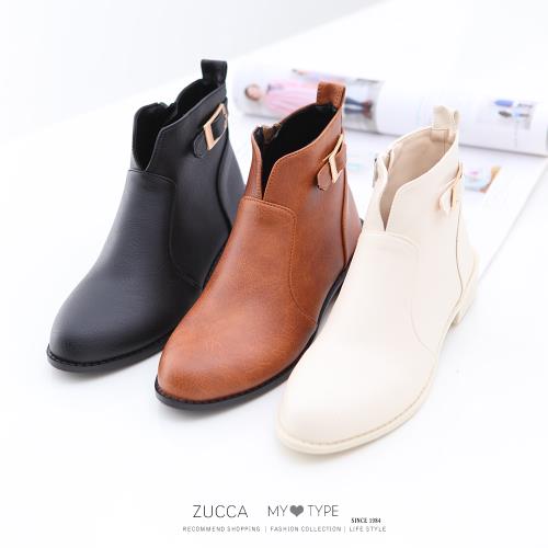 ZUCCA [z6908] 金屬皮革V釦環短靴-黑色/棕色/白色