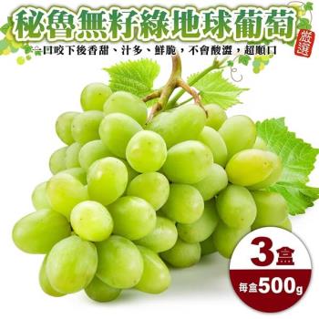 果物樂園-秘魯無籽綠地球葡萄(500g/盒)x3盒
