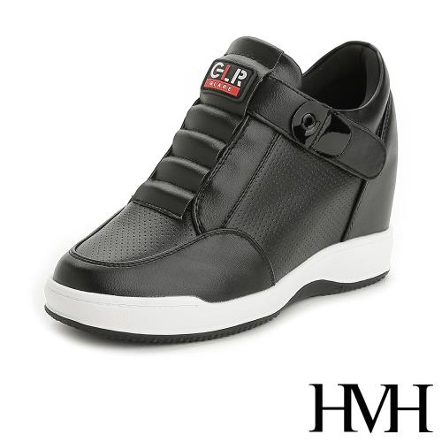 【HMH】美腿內增高復古無鞋帶魔鬼黏設計造型休閒鞋 黑