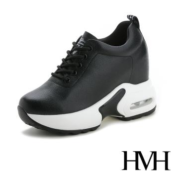 【HMH】真皮舒適輕量厚底氣墊內增高純色百搭休閒鞋 黑
