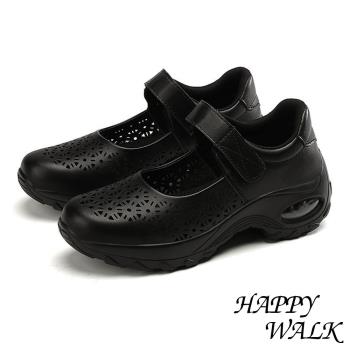【HAPPY WALK】質感皮革縷空花樣舒適彈力氣墊娃娃休閒鞋 黑
