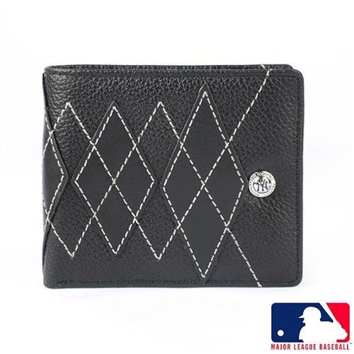 【MLB 美國大聯盟 】洋基 菱格紋 3卡零錢袋 皮夾/短夾/錢包-(黑色)