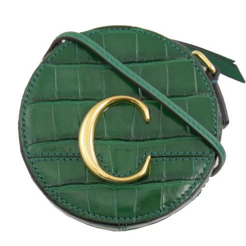 CHLOE 金屬C Mini 鱷魚紋斜背圓型包.綠