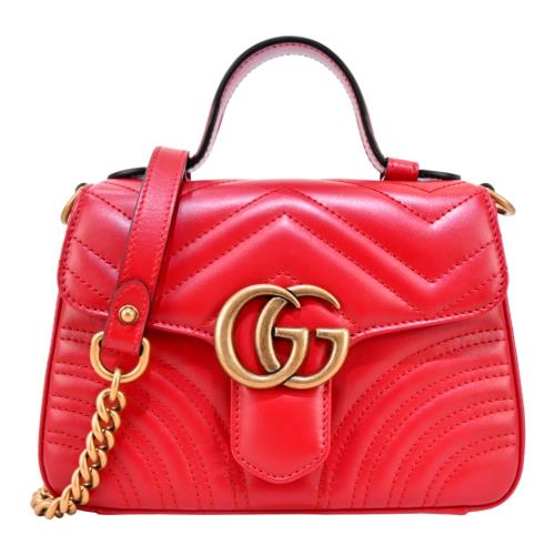 GUCCI Marmont 牛皮縫線金屬LOGO迷你手提肩背包(芙蓉红)