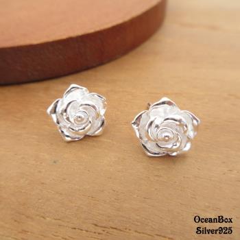 【海洋盒子】迷人綻放雪白層次玫瑰花S990純銀耳環.貼耳耳環