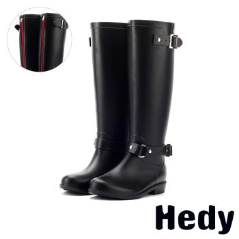【Hedy】個性韓版釦飾時尚高筒防滑耐磨雨靴 紅拉鍊黑