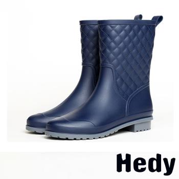 【Hedy】時尚經典菱格紋百搭中筒雨靴 寶藍