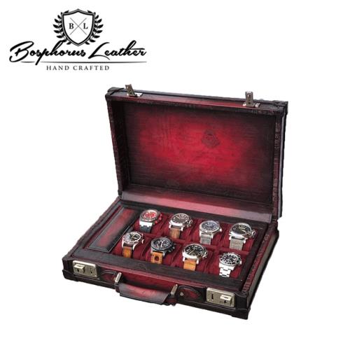 【伯倫】Saffiano-X10 圖騰酒紅 手提式銀釦腕錶盒+兩入珠寶盒