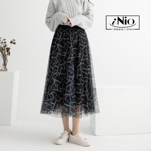 【iNio】時尚多層次斜紋網紗撞色鬆緊腰長裙（S-L適穿）－現貨快出【C0W2174】