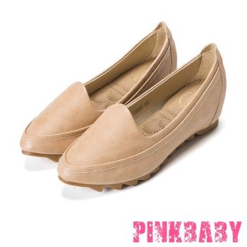 【PINKBABY】時尚內增高小尖頭純色素面平底便鞋 杏