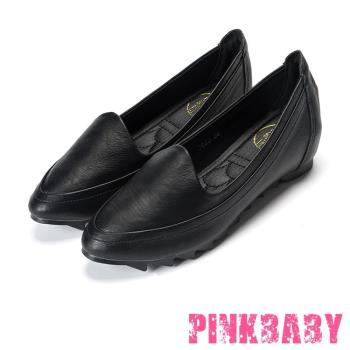 【PINKBABY】時尚內增高小尖頭純色素面平底便鞋 黑