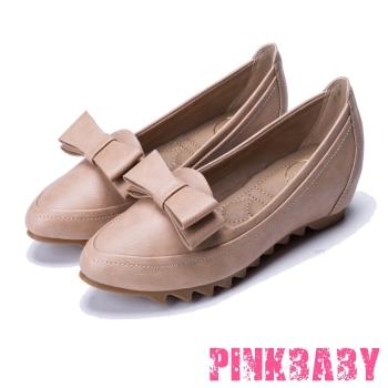 【PINKBABY】質感皮革時尚內增高立體蝴蝶結飾平底便鞋 杏