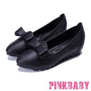 【PINKBABY】質感皮革時尚內增高立體蝴蝶結飾平底便鞋 黑