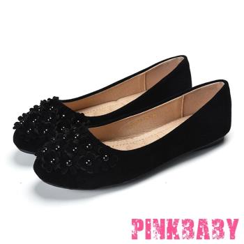 【PINKBABY】可愛圓頭甜美小花造型舒適平底豆豆鞋 黑