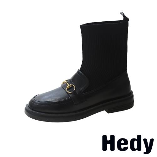 【Hedy】復古一字帶飾飛織襪套拼接粗跟中筒靴 C款馬銜釦