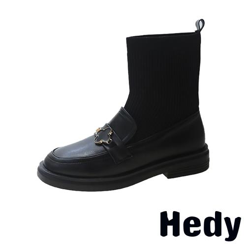 【Hedy】復古一字帶飾飛織襪套拼接粗跟中筒靴 B款四葉草