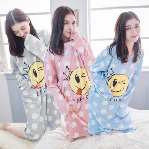 lingling日系 親膚牛奶絲俏皮黃色笑臉雙側口袋長袖連身睡衣裙(全尺碼,3色可選)