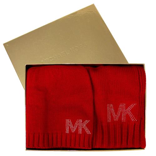 MICHAEL KORS 金色水鑽MK LOGO毛線帽/圍巾禮盒組(紅色)