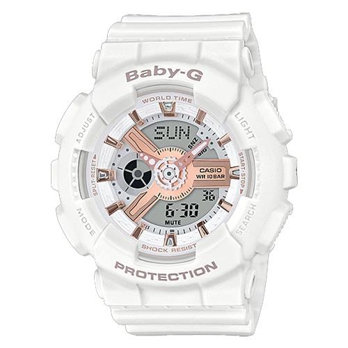 【CASIO 卡西歐】BABY-G 酷炫雙顯女錶 橡膠錶帶 粉x玫瑰金 防水100米(BA-110RG-7A)