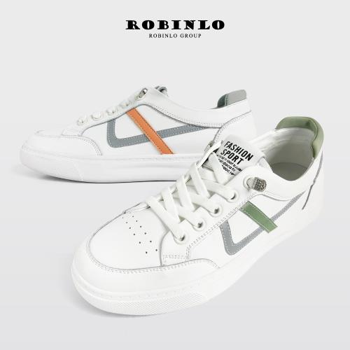Robinlo 免綁帶運動感撞色線條牛皮休閒鞋小白鞋NIKO--綠/橘