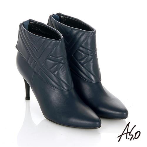 A.S.O 保暖靴 真皮後拉鍊奈米尖楦高跟踝靴- 藍
