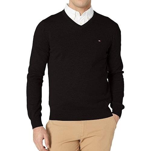 Tommy Hilfiger 2021男時尚經典黑色V領風格毛衣